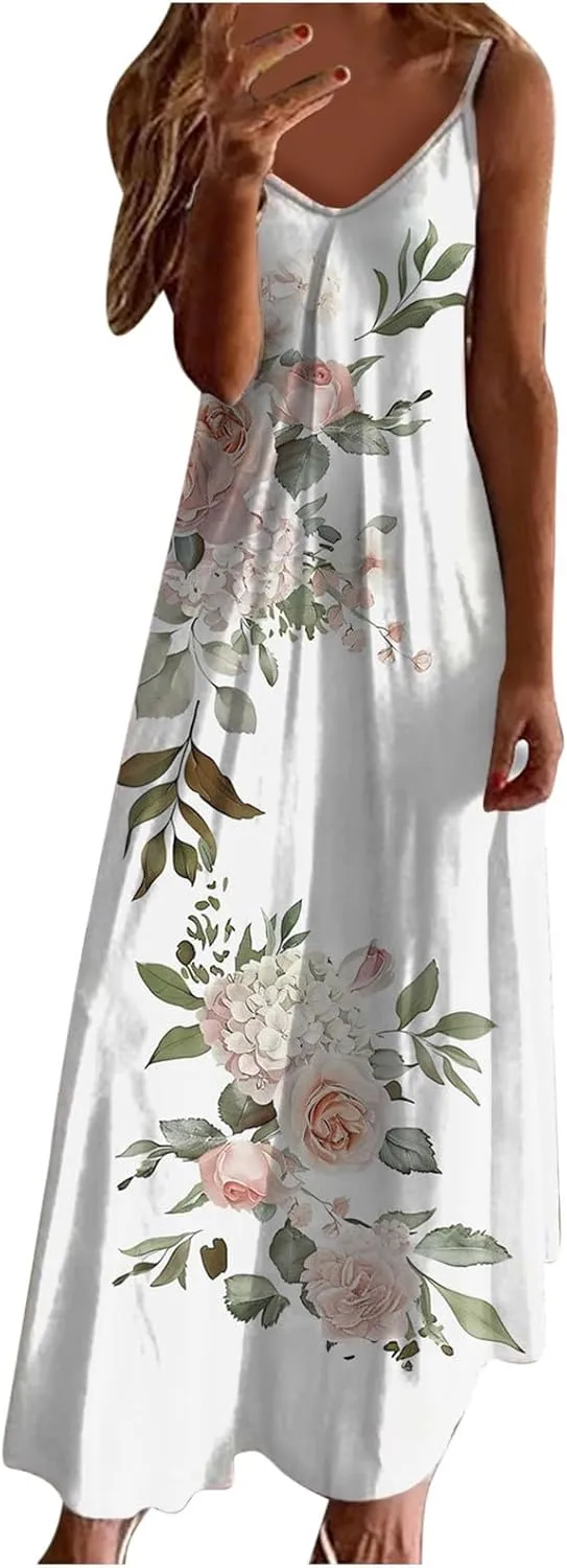 Summer Casual Dresses for Women Floral Vintage Summer Sleeveless Spaghetti Strap Dress Maxi V-Neck Casual Dresses