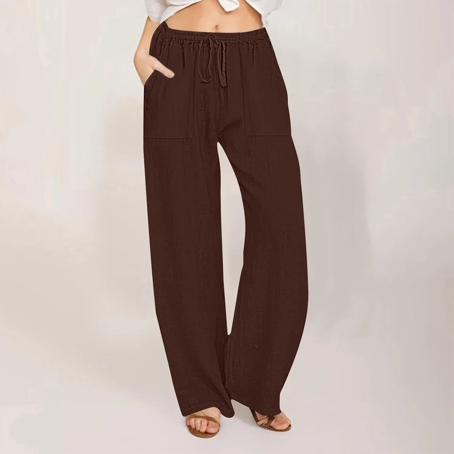 Summer Causal Pants for Women Trendy 2025 High Waisted Drawstring Lounge Trousers Flowy Boho Beach Pant Outfits