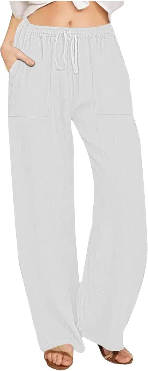 Summer Causal Pants for Women Trendy 2025 High Waisted Drawstring Lounge Trousers Flowy Boho Beach Pant Outfits