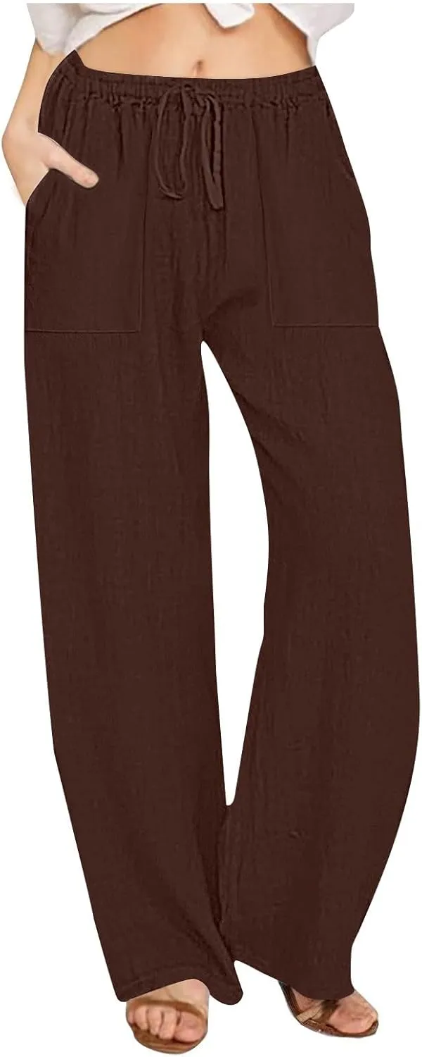 Summer Causal Pants for Women Trendy 2025 High Waisted Drawstring Lounge Trousers Flowy Boho Beach Pant Outfits