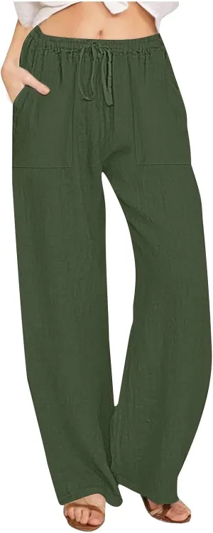 Summer Causal Pants for Women Trendy 2025 High Waisted Drawstring Lounge Trousers Flowy Boho Beach Pant Outfits