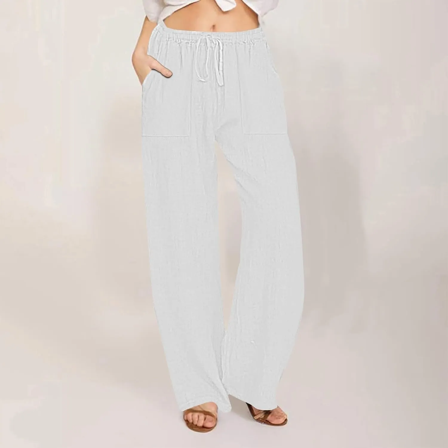 Summer Causal Pants for Women Trendy 2025 High Waisted Drawstring Lounge Trousers Flowy Boho Beach Pant Outfits