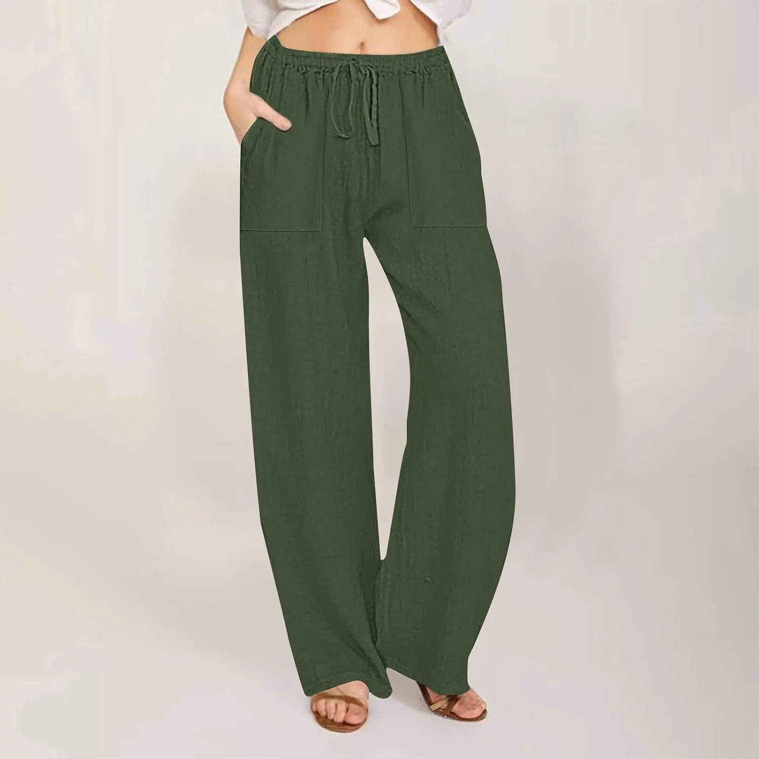 Summer Causal Pants for Women Trendy 2025 High Waisted Drawstring Lounge Trousers Flowy Boho Beach Pant Outfits