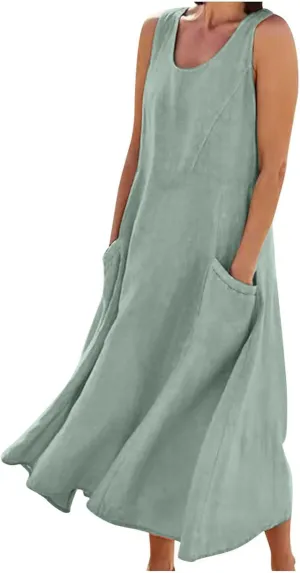 Summer Dresses for Women 2024 Linen Sleeveless Maxi Dresses Casual Plus Size Sundresses Flowy Vacation Long Dresses