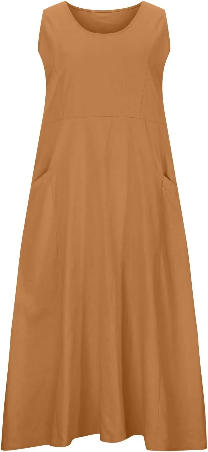 Summer Dresses for Women 2024 Linen Sleeveless Maxi Dresses Casual Plus Size Sundresses Flowy Vacation Long Dresses