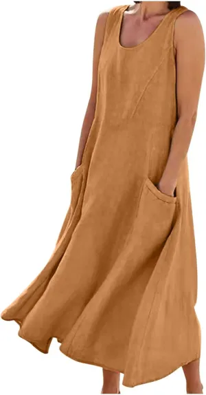 Summer Dresses for Women 2024 Linen Sleeveless Maxi Dresses Casual Plus Size Sundresses Flowy Vacation Long Dresses