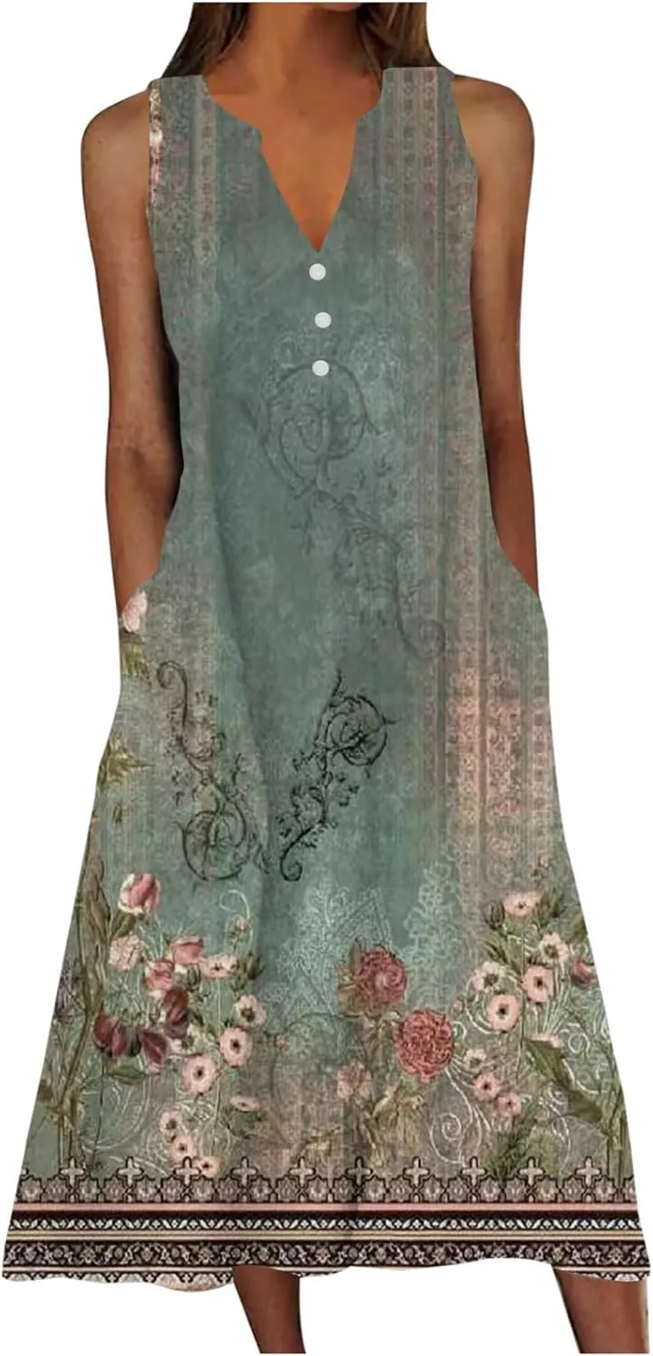 Summer Dresses for Women 2025 Casual Boho Beach Vacation Dress Floral V Neck Sundress Trendy Sleeveless Long Dresses
