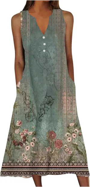 Summer Dresses for Women 2025 Casual Boho Beach Vacation Dress Floral V Neck Sundress Trendy Sleeveless Long Dresses