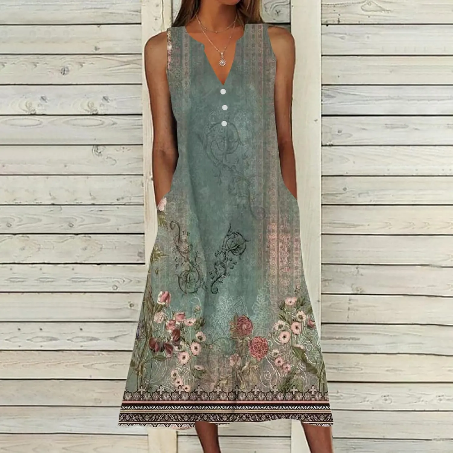 Summer Dresses for Women 2025 Casual Boho Beach Vacation Dress Floral V Neck Sundress Trendy Sleeveless Long Dresses