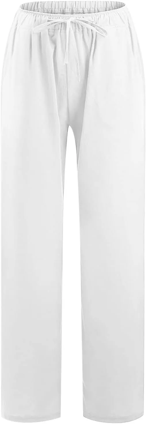 Summer Pants for Women Casual 2024 Summer Drawstring Elastic High Waist Linen Pant Straight Wide Leg Cropped Trousers