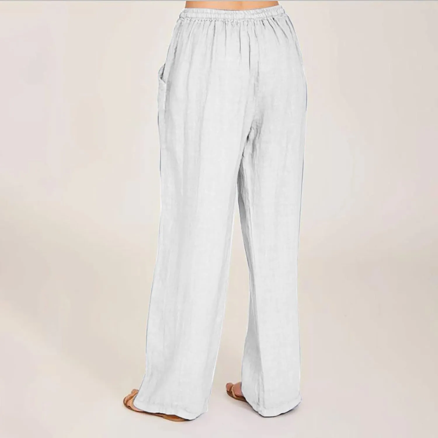 Summer Pants for Women Casual 2024 Summer Drawstring Elastic High Waist Linen Pant Straight Wide Leg Cropped Trousers