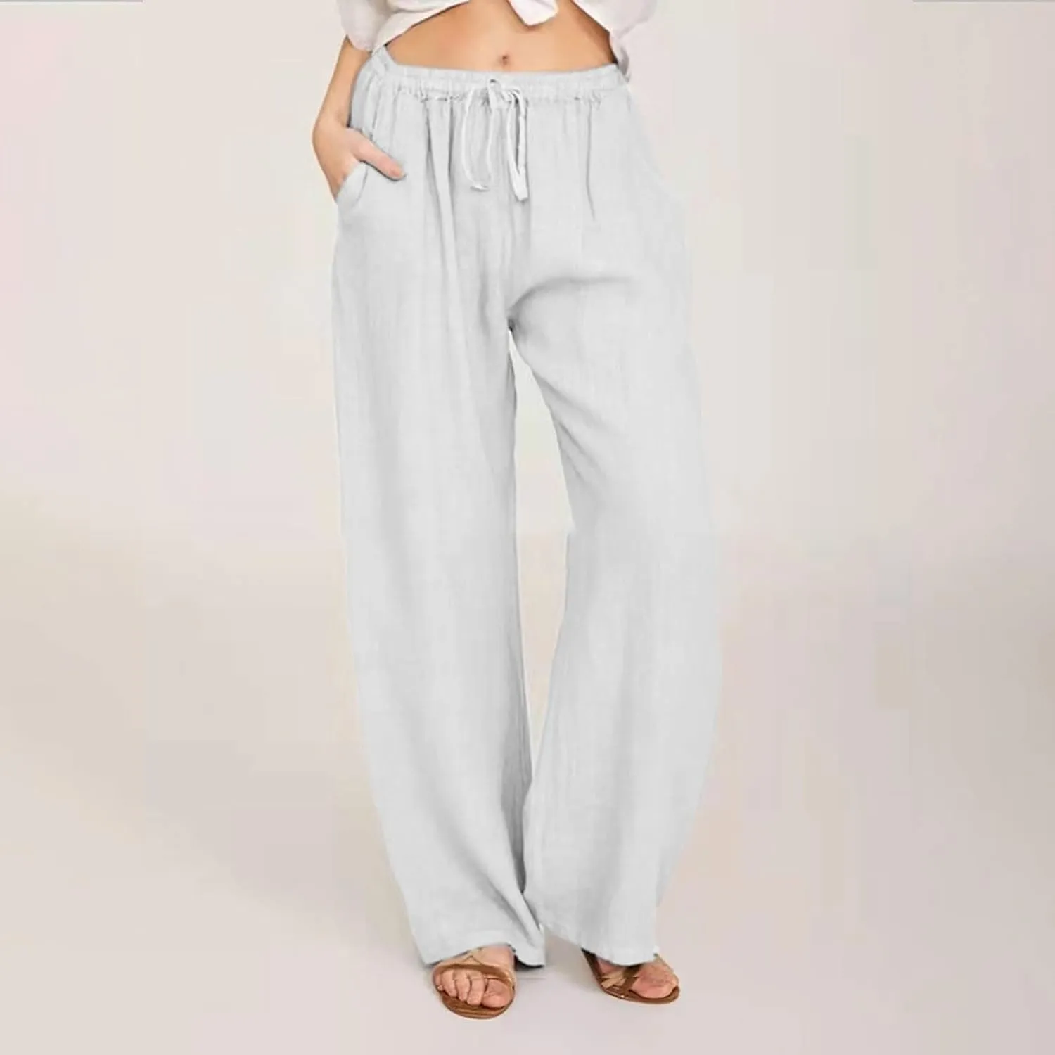 Summer Pants for Women Casual 2024 Summer Drawstring Elastic High Waist Linen Pant Straight Wide Leg Cropped Trousers