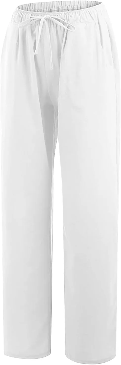Summer Pants for Women Casual 2024 Summer Drawstring Elastic High Waist Linen Pant Straight Wide Leg Cropped Trousers