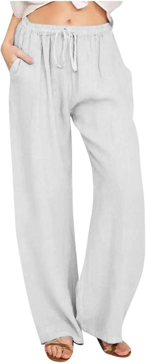 Summer Pants for Women Casual 2024 Summer Drawstring Elastic High Waist Linen Pant Straight Wide Leg Cropped Trousers