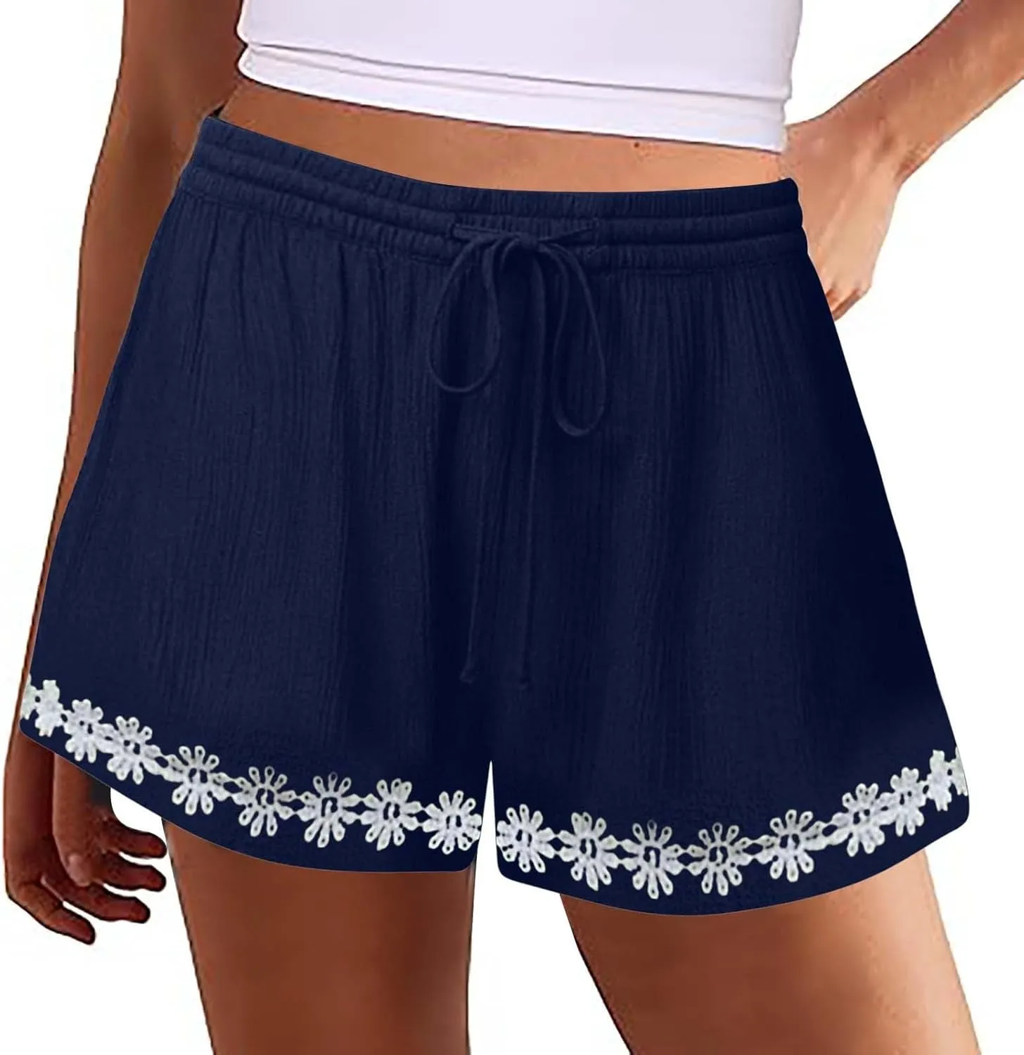 Summer Shorts for Women 2025 Trendy High Waisted Lace Embroidery Shorts Summer Drawstring Boho Beach Vacation Short