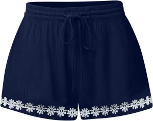 Summer Shorts for Women 2025 Trendy High Waisted Lace Embroidery Shorts Summer Drawstring Boho Beach Vacation Short