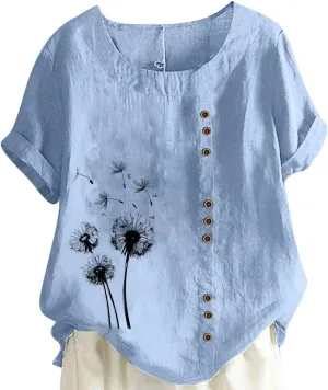 Summer Tops Women Cotton Linen Blouse Short Sleeve Tshirt Floral Boho Shirt Comfy Crewneck Tees Casual Work T-shirt