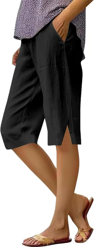 Summer Women Linen Shorts 2025 | Knee Length Drawstring Short Pants with Split Side Bottomline Beach Comfy Shorts