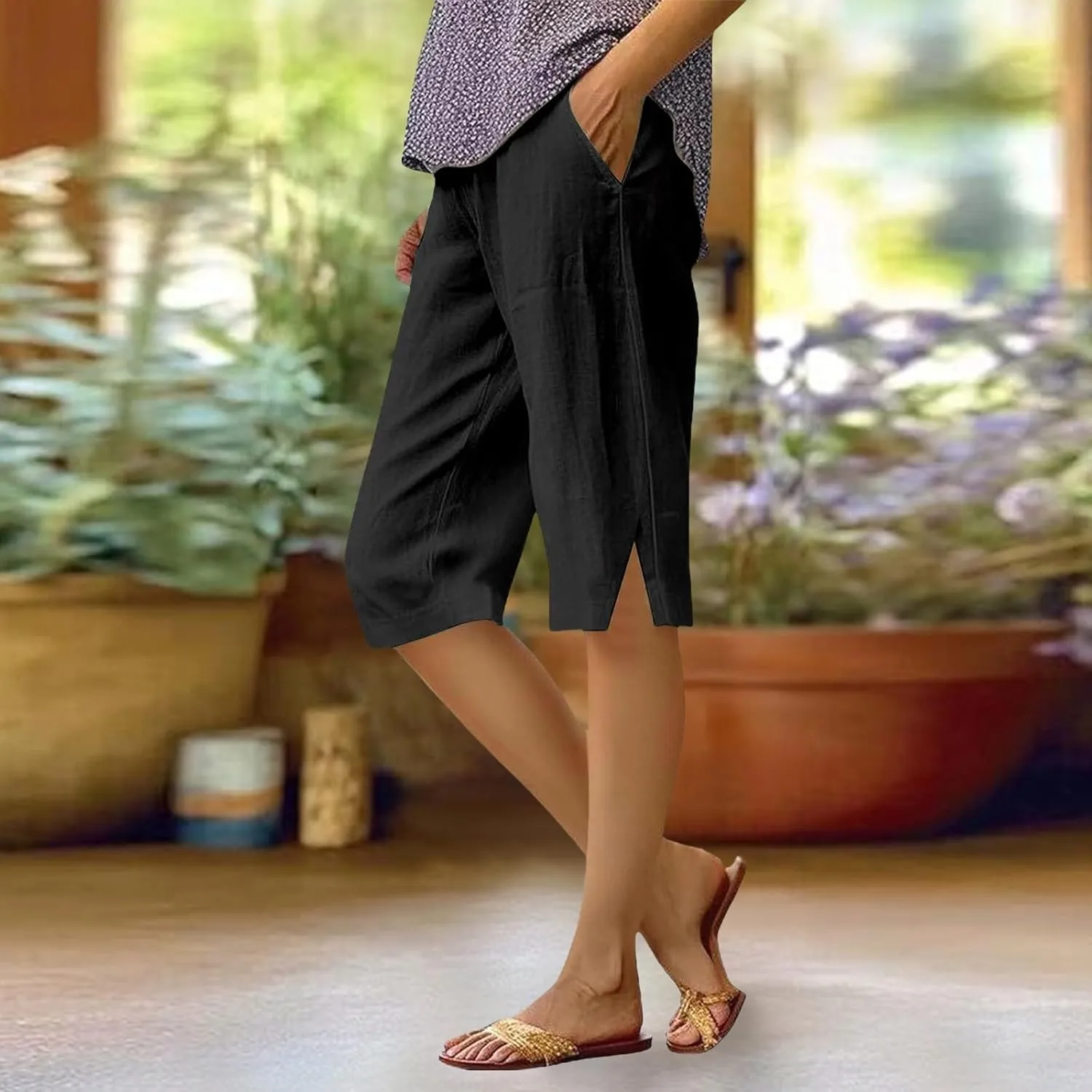 Summer Women Linen Shorts 2025 | Knee Length Drawstring Short Pants with Split Side Bottomline Beach Comfy Shorts