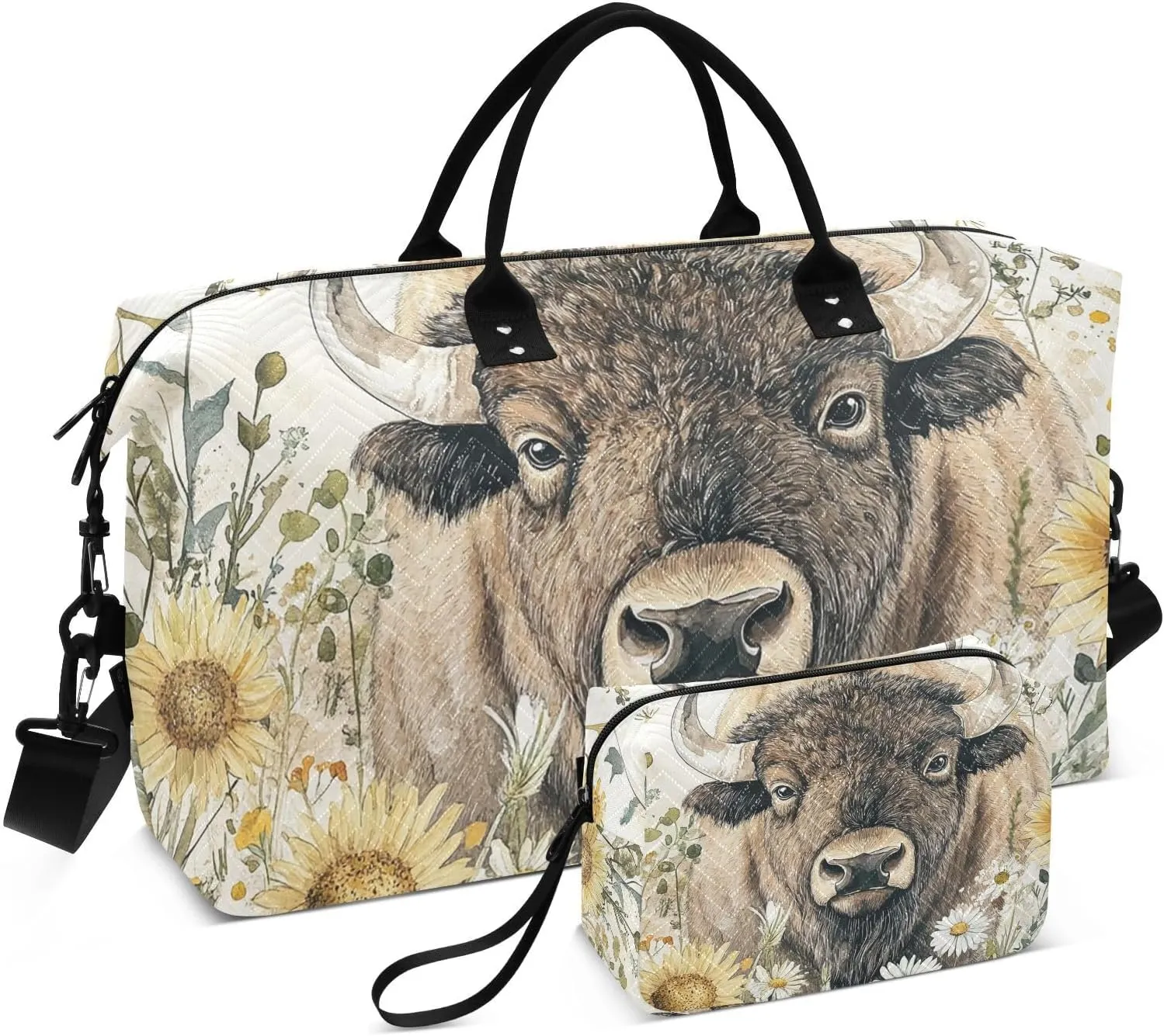 Sunflower Bison Portrait Duffle Bag for Travel, Gym Bag with Multiple Interior Pockets for Men Women Overnight Purse Included 20.5 x 1.9 x 13.8 In