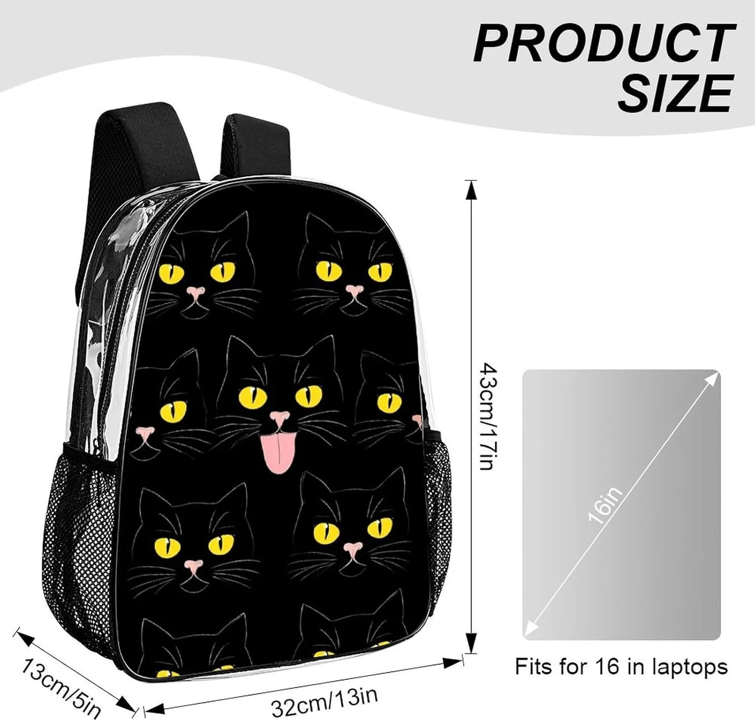 Supdreamc Men Women Lightweight Cool Funny Black Cats Backpack Large Capacity Bookbag Transparent Bag for Gym Business Running