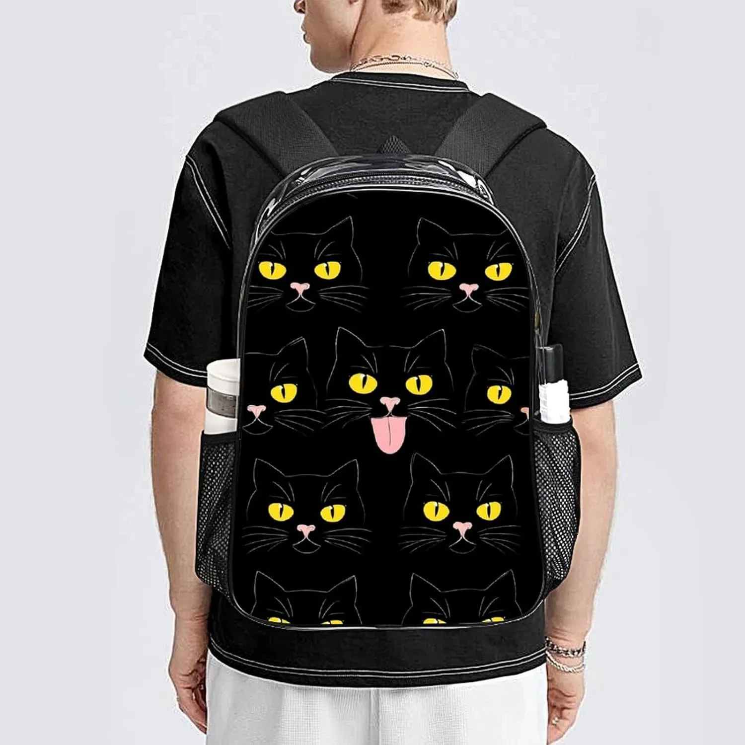 Supdreamc Men Women Lightweight Cool Funny Black Cats Backpack Large Capacity Bookbag Transparent Bag for Gym Business Running