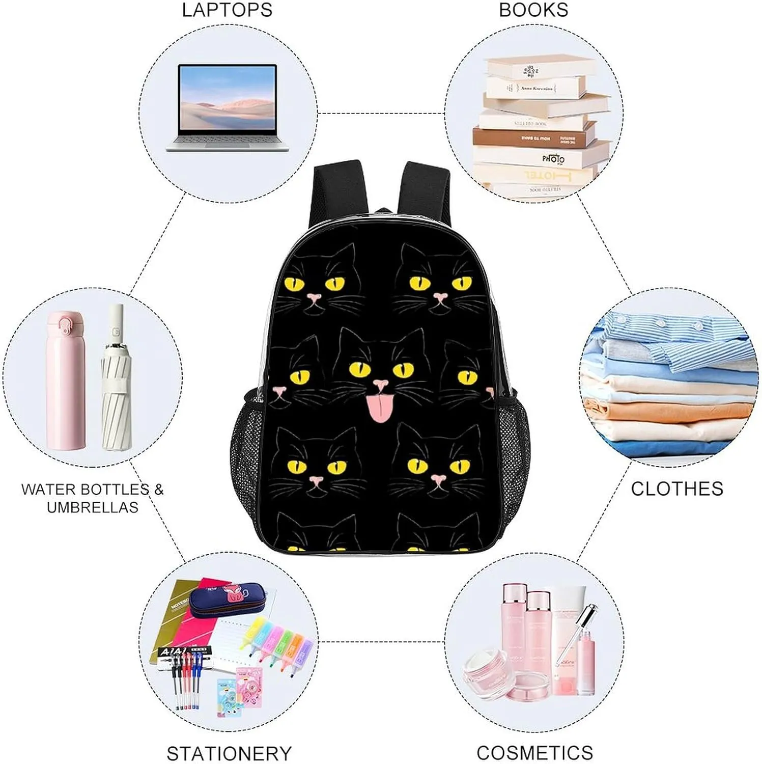 Supdreamc Men Women Lightweight Cool Funny Black Cats Backpack Large Capacity Bookbag Transparent Bag for Gym Business Running
