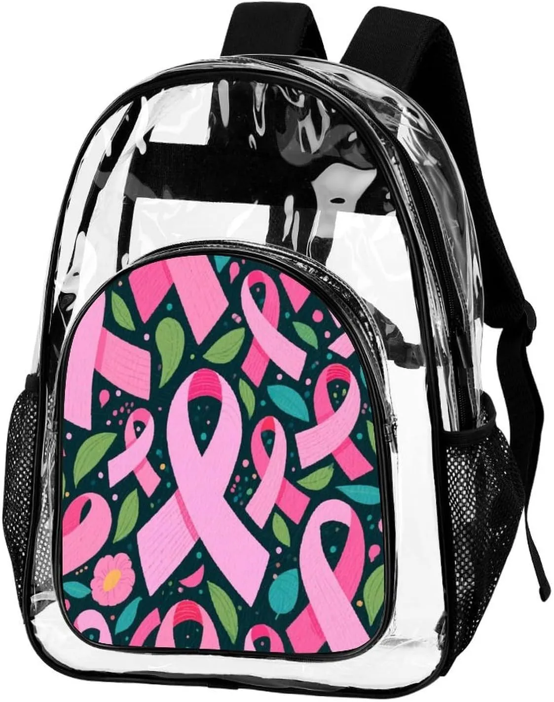 Supdreamc Men Women Transparent Colorful Ribbon Breast Cancer Awareness Art Daypack Big Capacity Shoulder Bag With Adjustable Shoulder Straps for Camping Travel Walking Cycling
