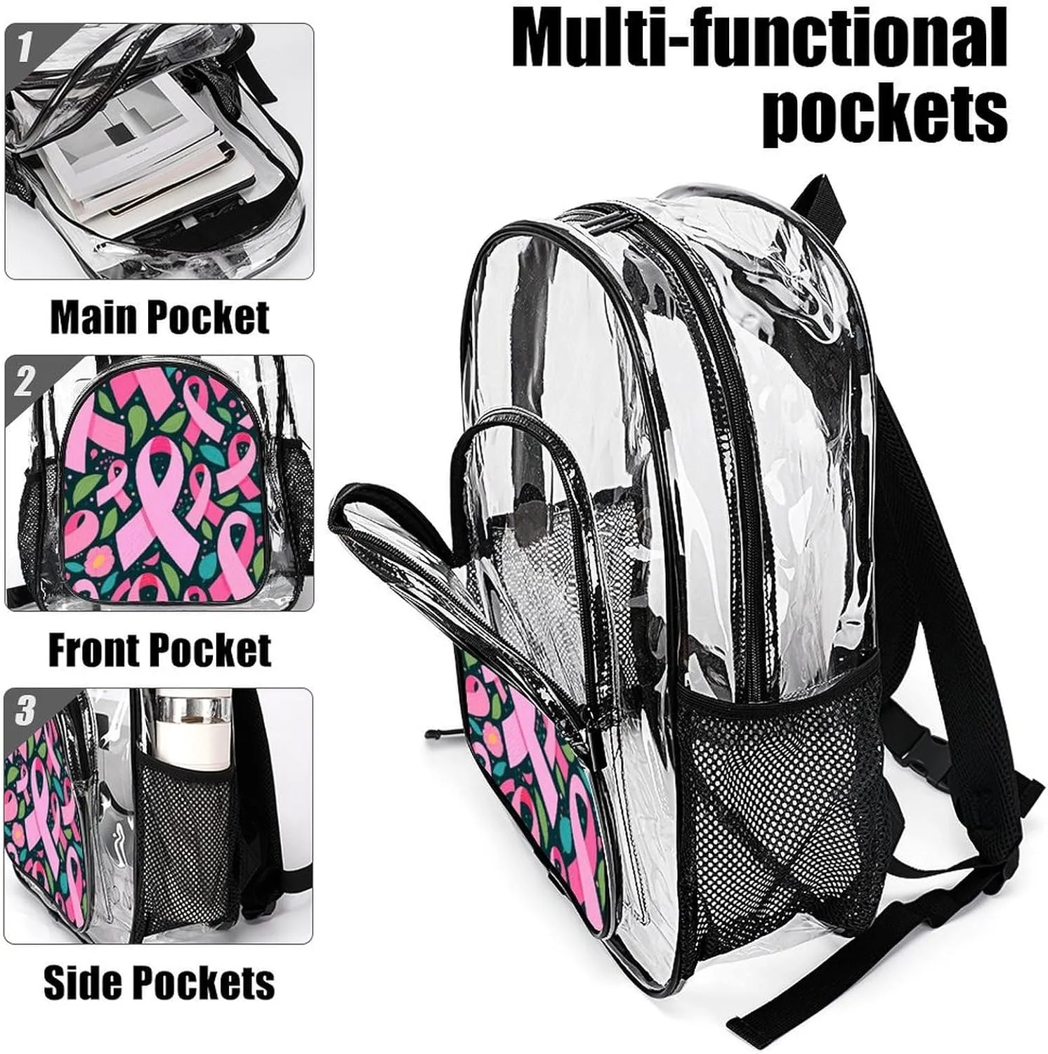 Supdreamc Men Women Transparent Colorful Ribbon Breast Cancer Awareness Art Daypack Big Capacity Shoulder Bag With Adjustable Shoulder Straps for Camping Travel Walking Cycling