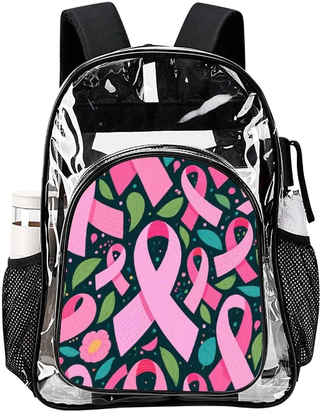 Supdreamc Men Women Transparent Colorful Ribbon Breast Cancer Awareness Art Daypack Big Capacity Shoulder Bag With Adjustable Shoulder Straps for Camping Travel Walking Cycling