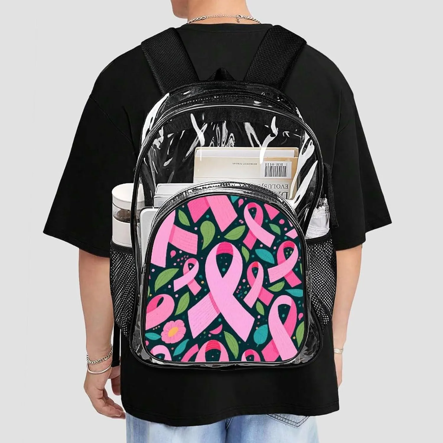Supdreamc Men Women Transparent Colorful Ribbon Breast Cancer Awareness Art Daypack Big Capacity Shoulder Bag With Adjustable Shoulder Straps for Camping Travel Walking Cycling