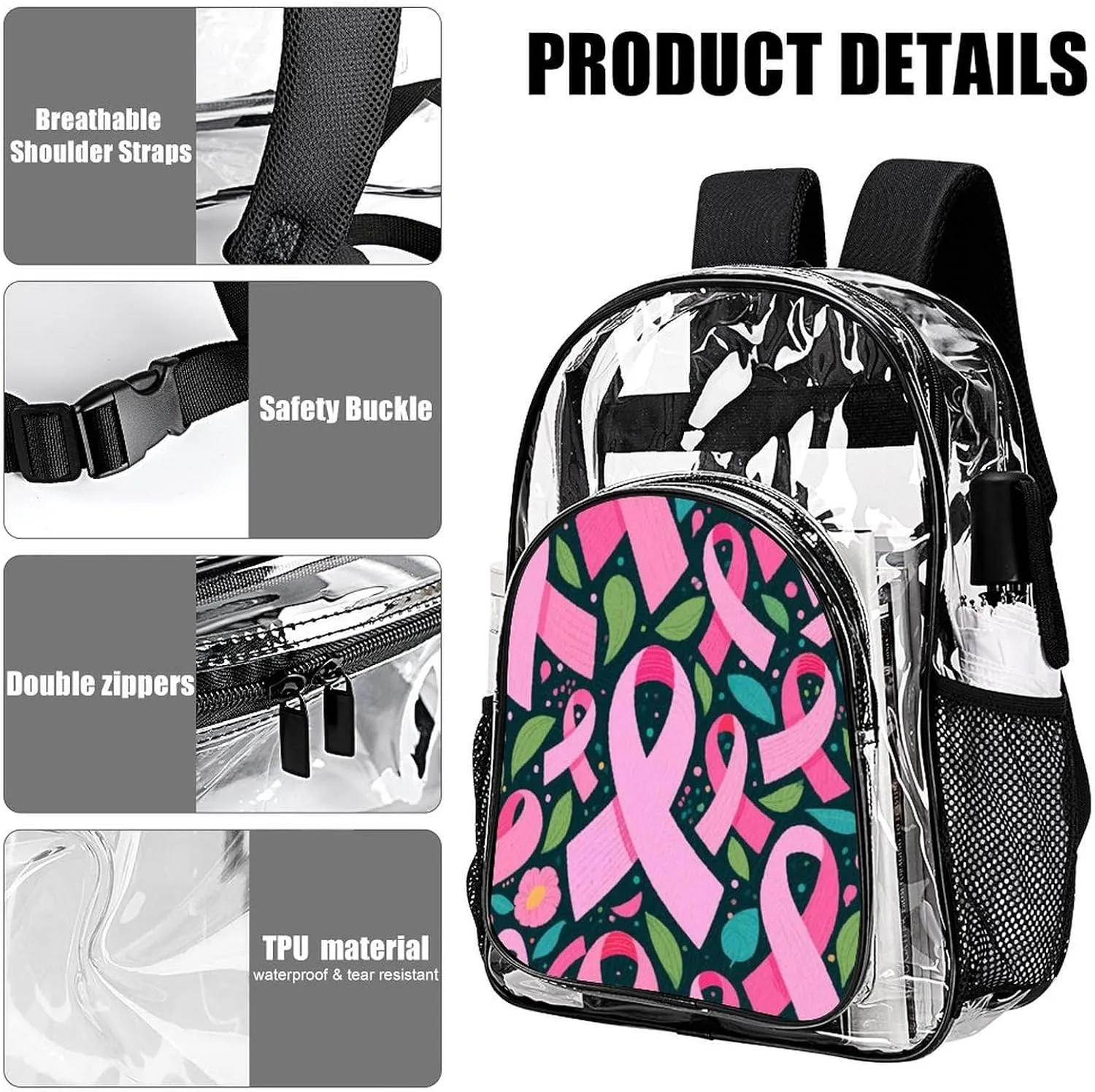 Supdreamc Men Women Transparent Colorful Ribbon Breast Cancer Awareness Art Daypack Big Capacity Shoulder Bag With Adjustable Shoulder Straps for Camping Travel Walking Cycling