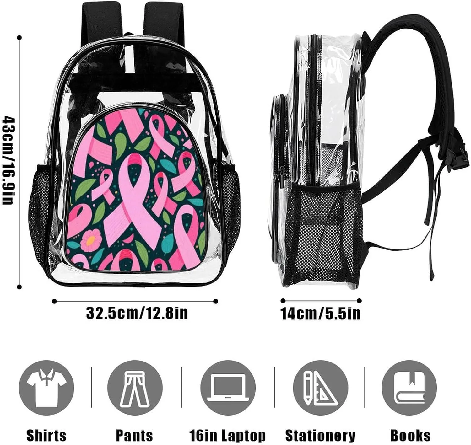 Supdreamc Men Women Transparent Colorful Ribbon Breast Cancer Awareness Art Daypack Big Capacity Shoulder Bag With Adjustable Shoulder Straps for Camping Travel Walking Cycling