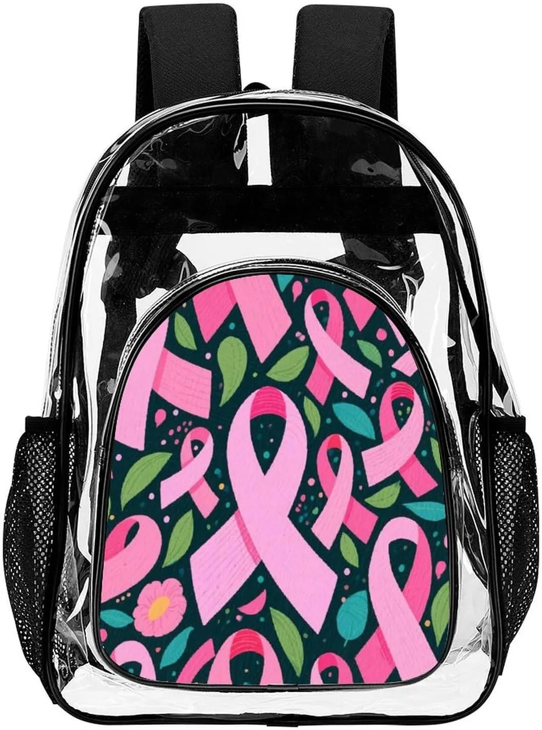 Supdreamc Men Women Transparent Colorful Ribbon Breast Cancer Awareness Art Daypack Big Capacity Shoulder Bag With Adjustable Shoulder Straps for Camping Travel Walking Cycling