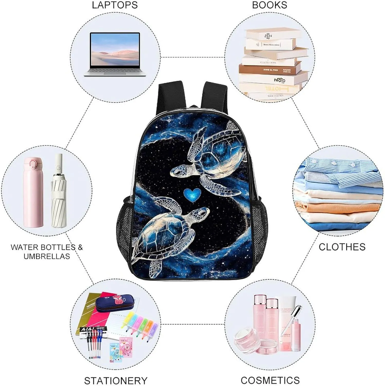 Supdreamc Men Women Transparent Trippy Space Sea Water Love Tortoise Turtle Art Casual Daypack Large Capacity Carry On Bag With Adjustable Shoulder Straps for Camping Work Running