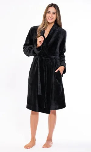 Super Soft Black Lightweight Plush Shawl Short Women's Robe