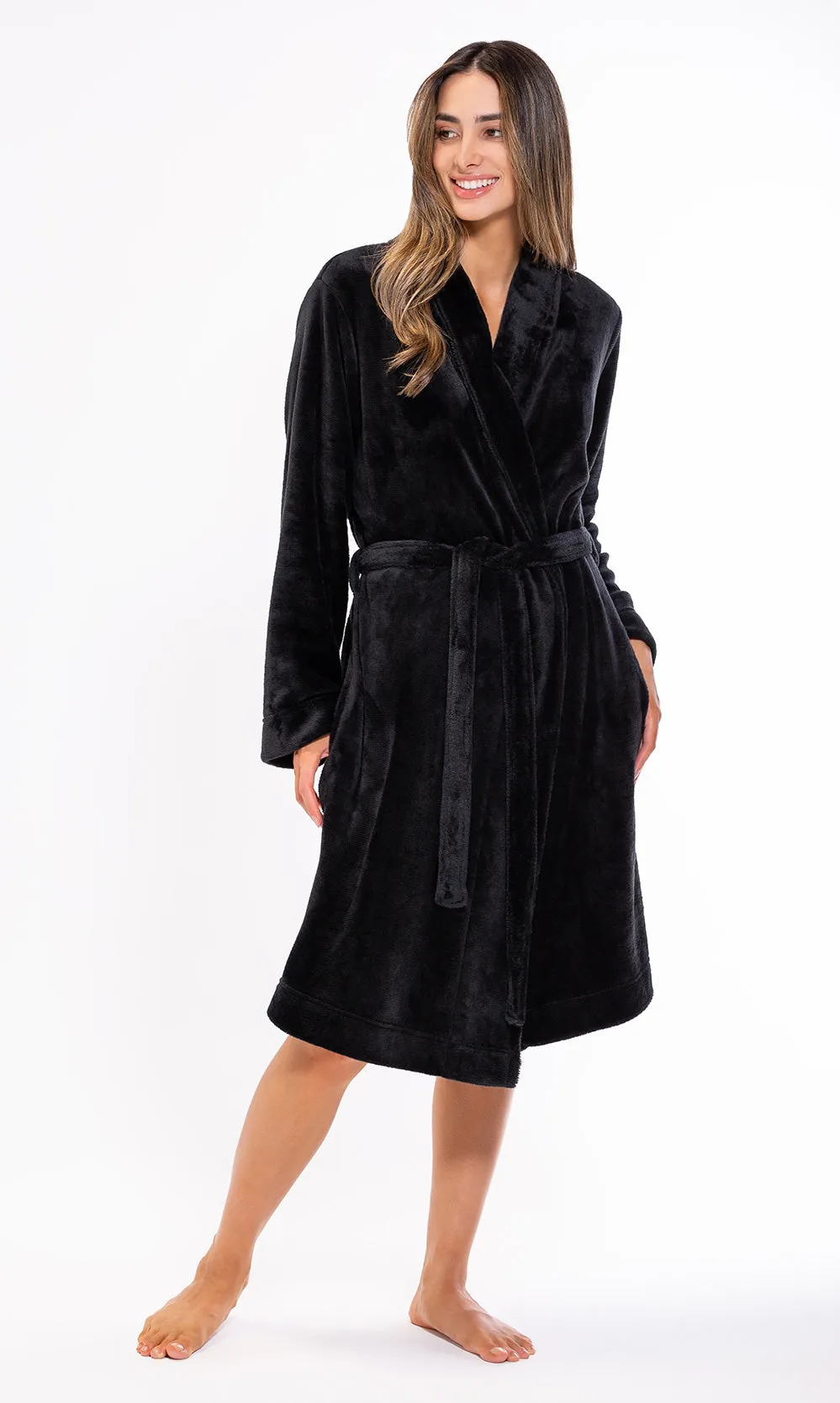 Super Soft Black Lightweight Plush Shawl Short Women's Robe