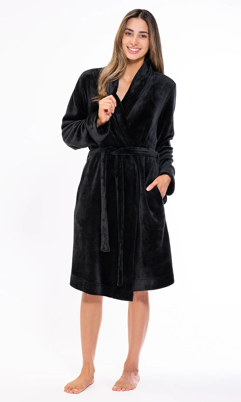 Super Soft Black Lightweight Plush Shawl Short Women's Robe