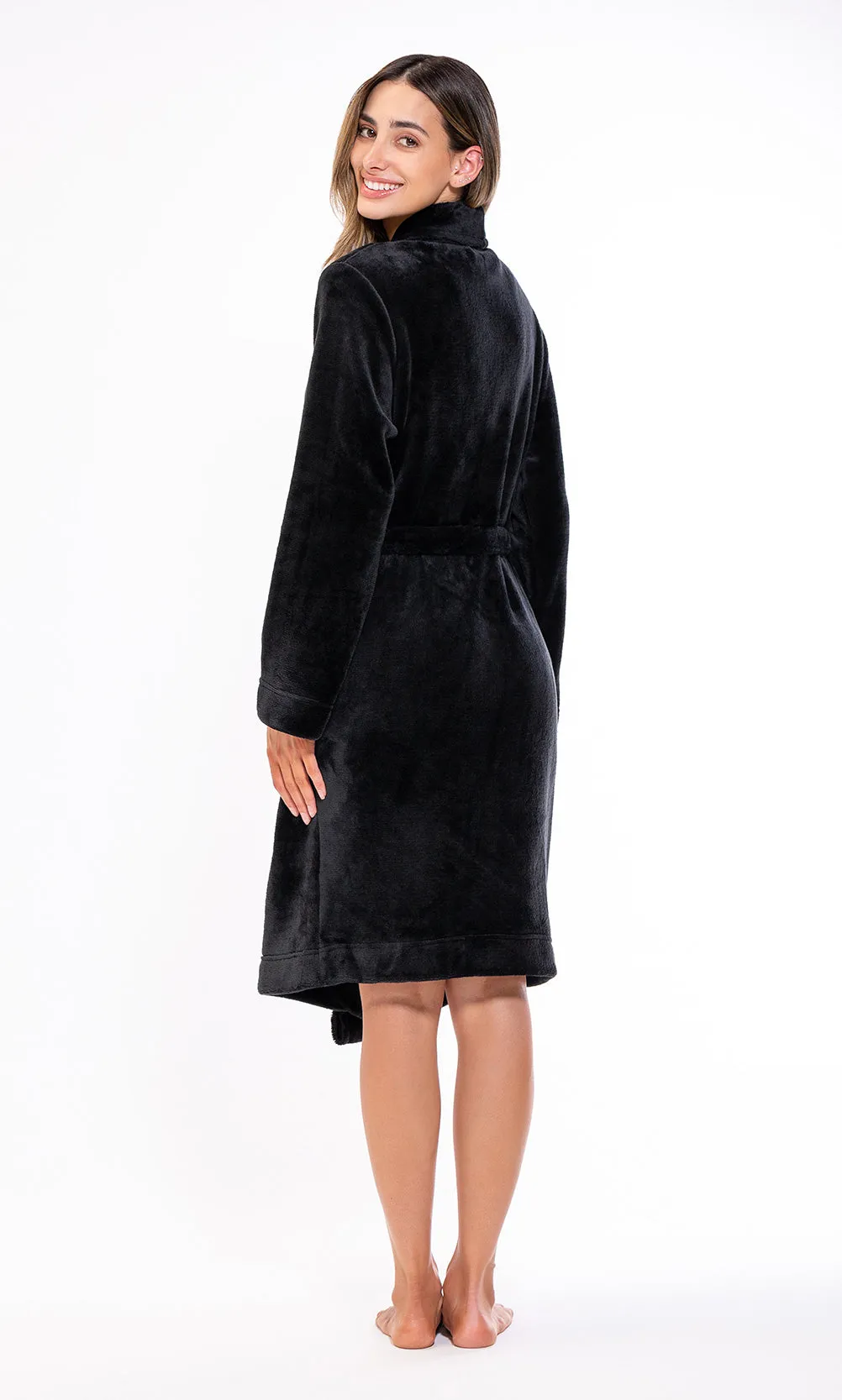 Super Soft Black Lightweight Plush Shawl Short Women's Robe