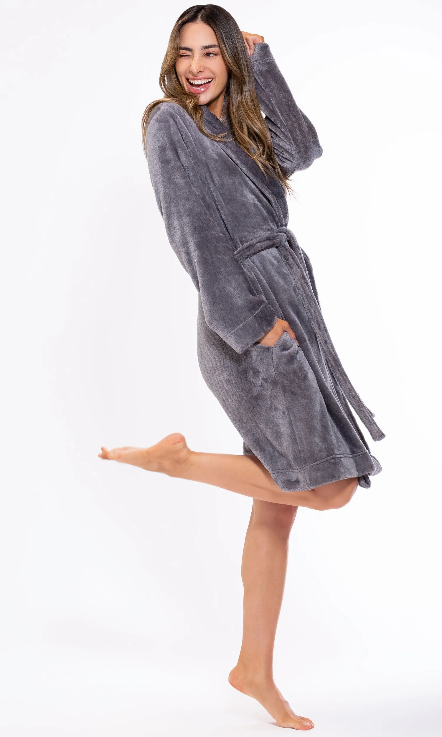 Super Soft Gray Lightweight Plush Shawl Short Women's Robe