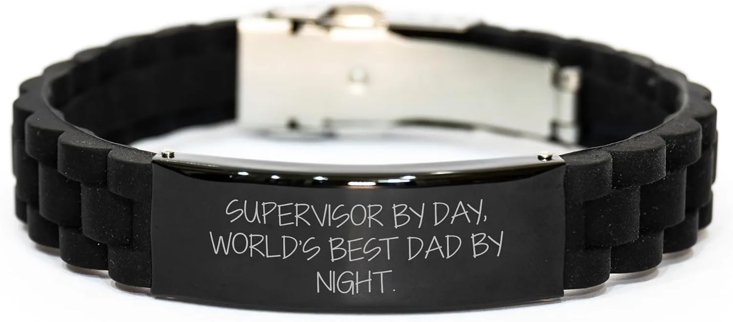 Supervisor by Day, World's Best Dad by Night. - Glide Lock Clasp Adjustable Black Silicone Leather Strap Watch Gift for Him from Men to Christmas Unique Gifts