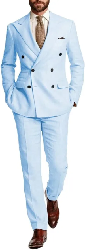 SUZHIMO Men's Linen Suit Double Breasted Suit Men 2 Piece Slim Fit Summer Wedding Suit
