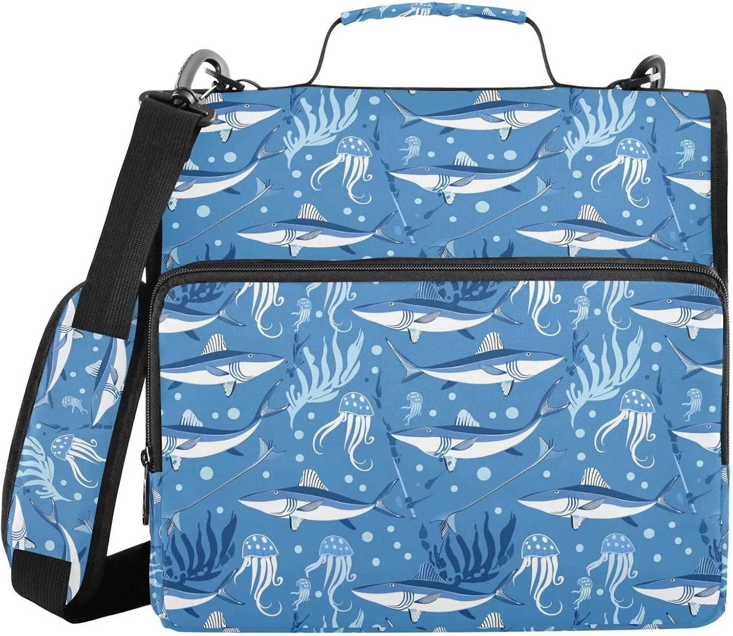 Swordfish Jellyfish Zipper Binder 3 Ring 1.5 Inch Binder Organizer Bag 500 Sheets Capacity Multi-Pocket with Shoulder Strap for School Office