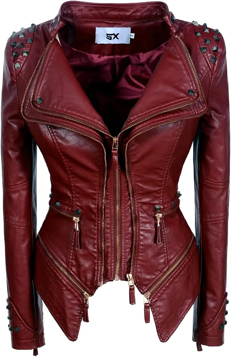 SX Women's Fashion Studded Perfectly Shaping Faux Leather Biker Jacket