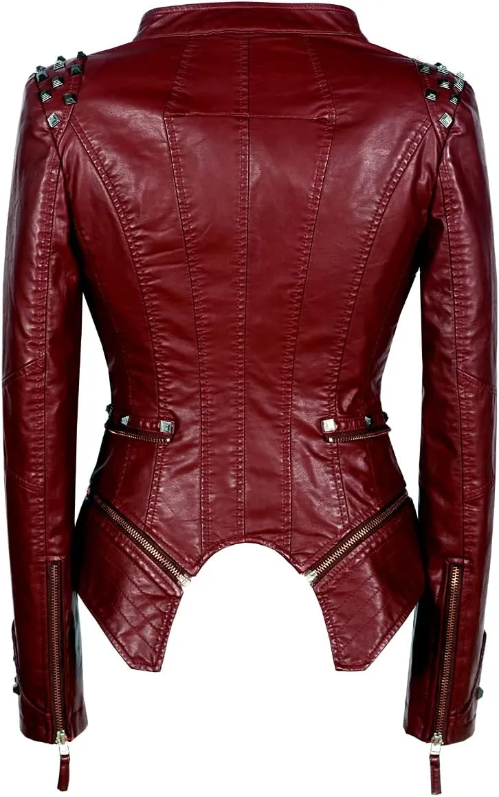 SX Women's Fashion Studded Perfectly Shaping Faux Leather Biker Jacket