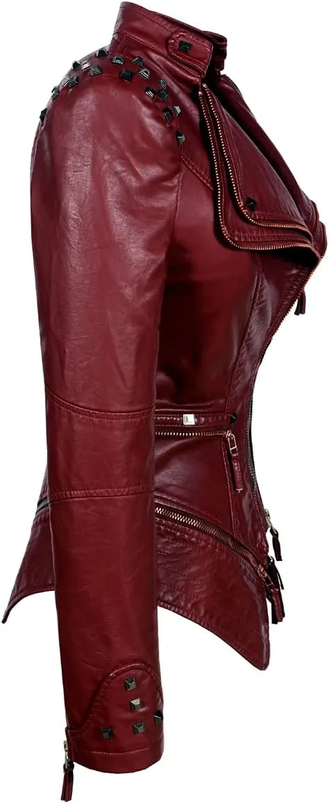 SX Women's Fashion Studded Perfectly Shaping Faux Leather Biker Jacket