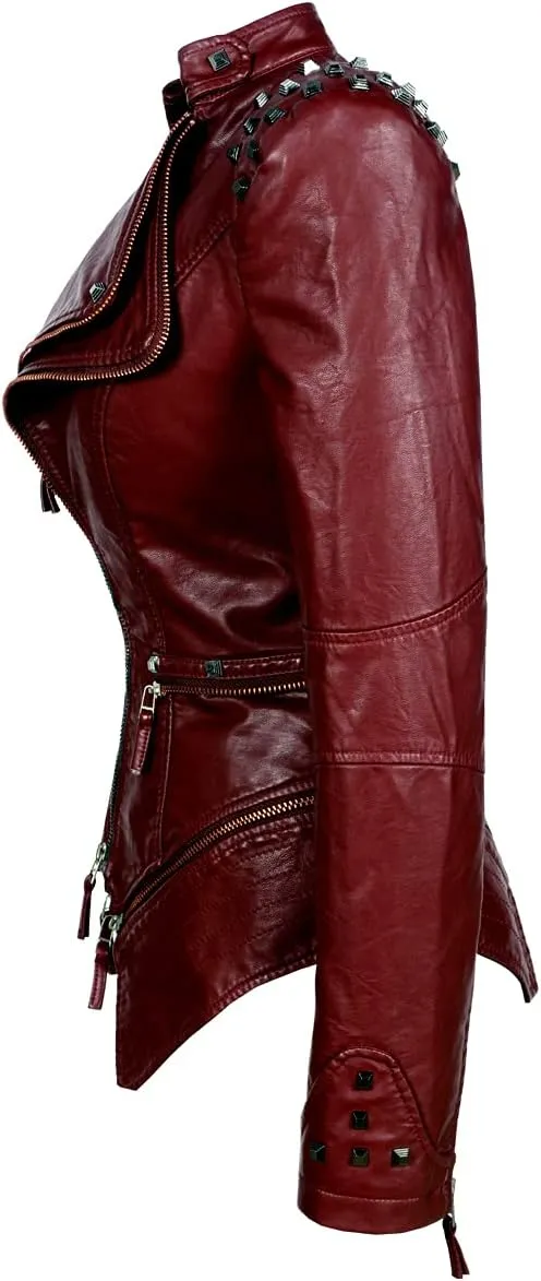 SX Women's Fashion Studded Perfectly Shaping Faux Leather Biker Jacket