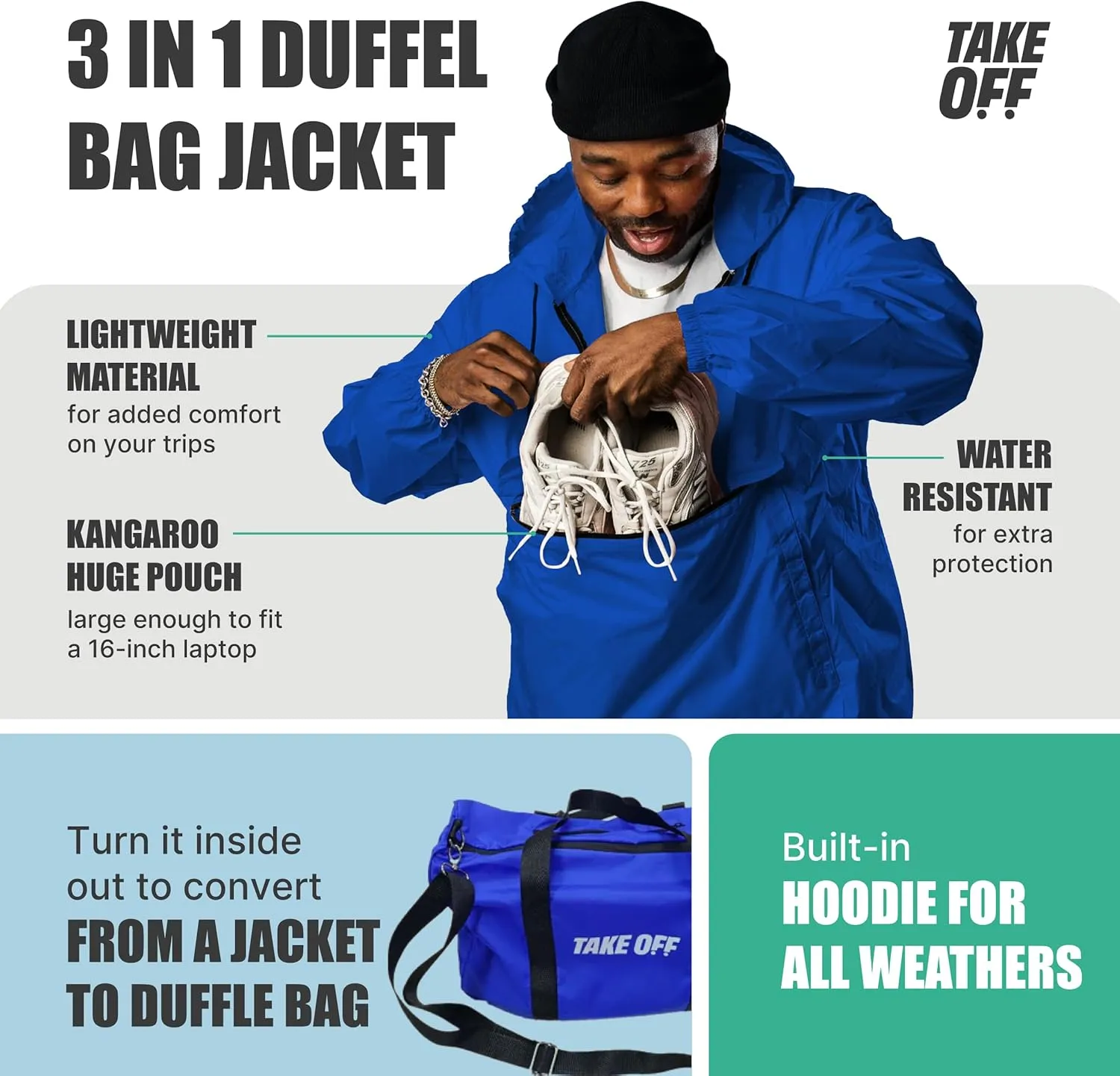 TAKE OFF 3-in-1 Duffle Bag Jacket, Converts Pouch to Duffle bag to Jacket, Kangaroo Pocket, Lightweight Jacket, Fit for Travel, Waterproof Rain Duffle Bag Jacket, Large, Blue