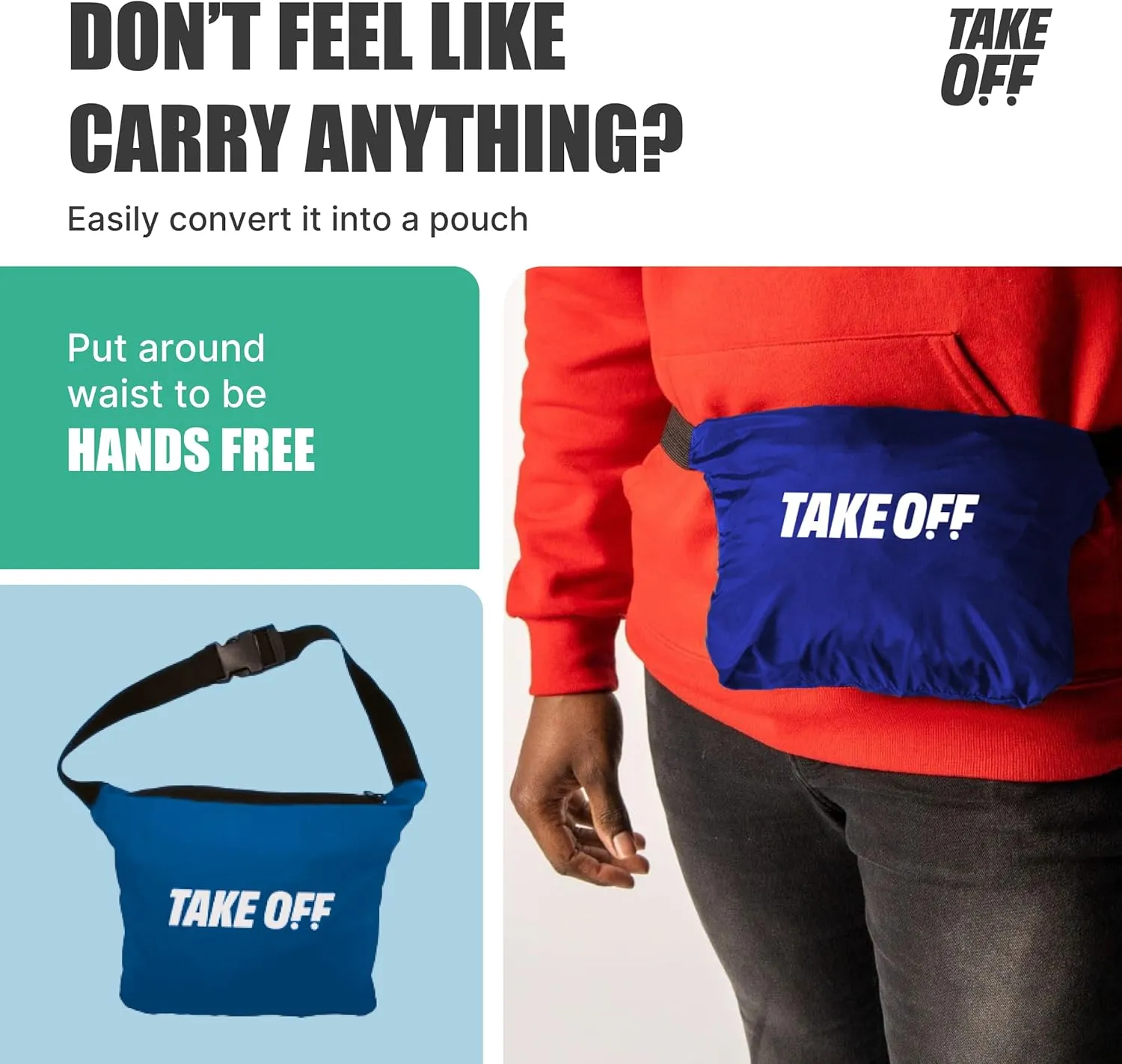 TAKE OFF 3-in-1 Duffle Bag Jacket, Converts Pouch to Duffle bag to Jacket, Kangaroo Pocket, Lightweight Jacket, Fit for Travel, Waterproof Rain Duffle Bag Jacket, Large, Blue