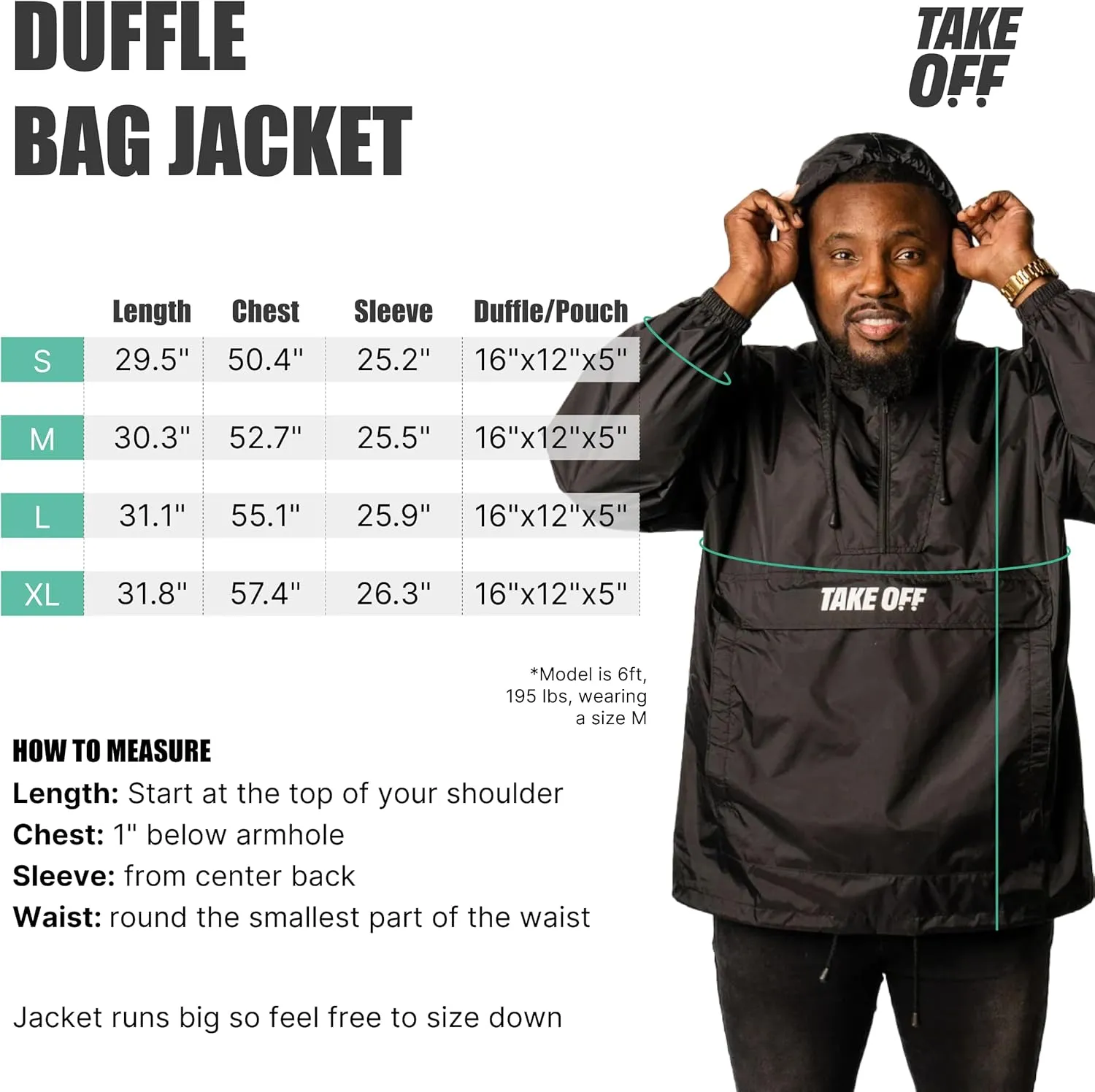 TAKE OFF 3-in-1 Duffle Bag Jacket, Converts Pouch to Duffle bag to Jacket, Kangaroo Pocket, Lightweight Jacket, Fit for Travel, Waterproof Rain Duffle Bag Jacket, Large, Blue